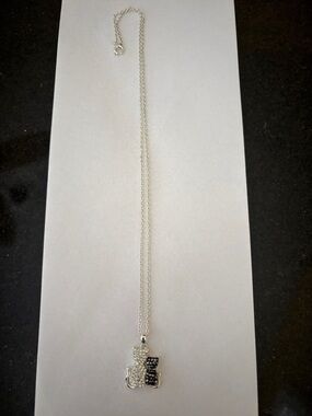 JCM Brass Chic Silver Tone 18” Necklace Black/White Cat Pendant w/Rhinestones